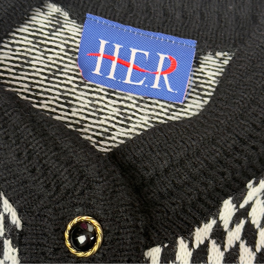 Vintage H.E.R. Black White Houndstooth Button Up Knit Cardigan Sweater Large - Picture 9 of 11